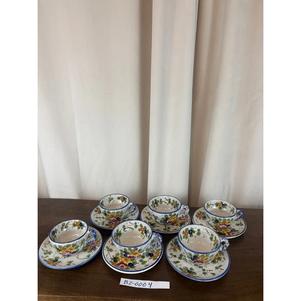 Vintage Majolica Italy Floral Stoneware Teacups and Saucers Set‎ of SIX (6)